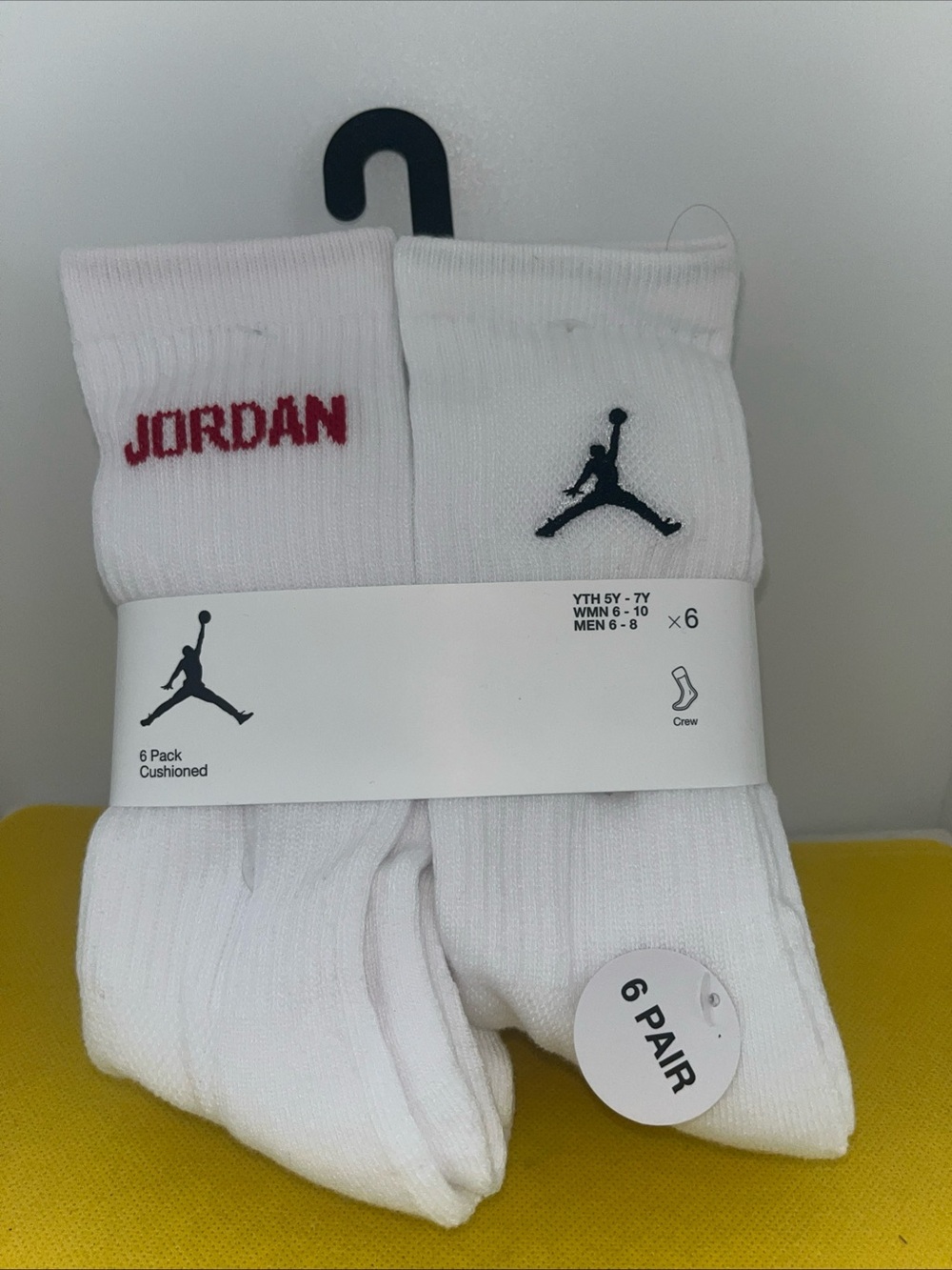 New Jordan 6 Pairs Cushioned Crew Socks Size YTH5Y-7Y, WMN6-10, MEN6-8